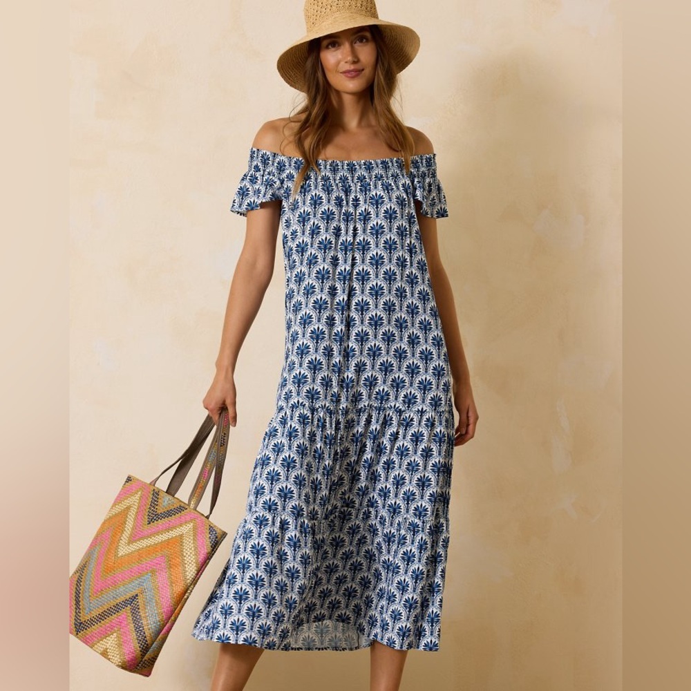 Tommy Bahama Blue and White Off-Shoulder Maxi Dress